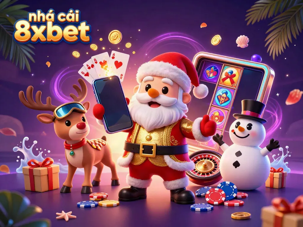 Join the fun at nhà cái 8xbet with Santa and friends celebrating jackpot wins in a lively casino.