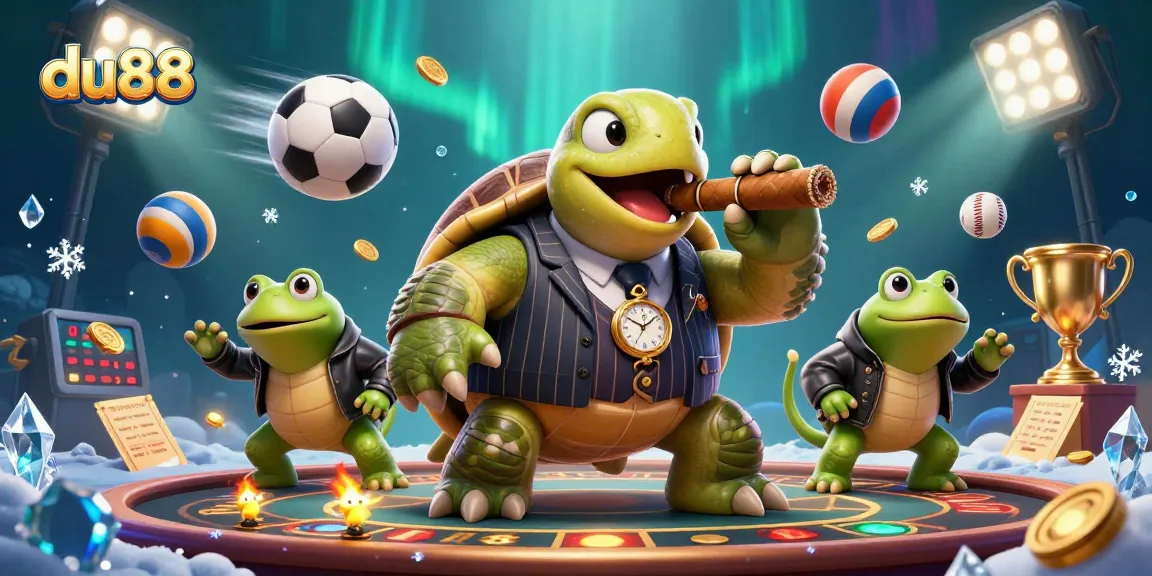 Experience thrilling gaming with du88, featuring a turtle mobster and bullfrog enforcers amidst vibrant casino lights.