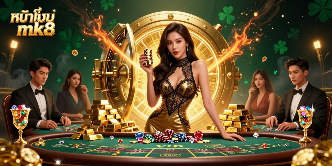 Experience the high-stakes atmosphere of หน้าแรก mk8, showcasing a glamorous baccarat scene with golden casino chips.