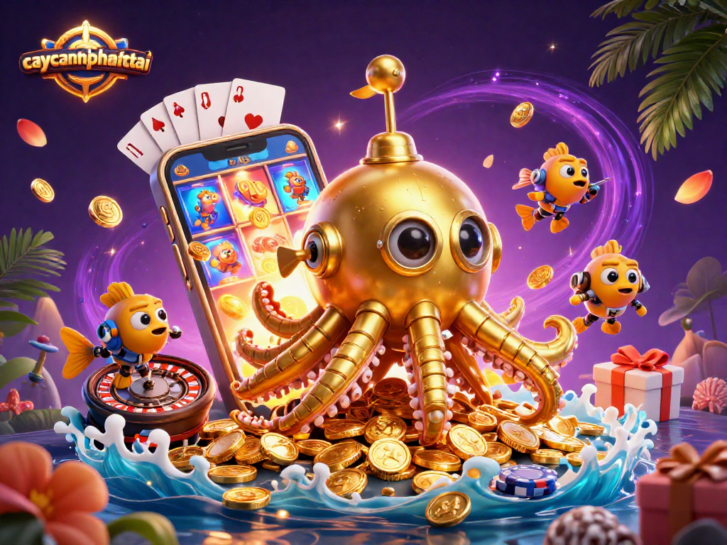 Engage with caycanhphattai as the golden kraken submarine brings luck and excitement through vibrant slot reels and coins.