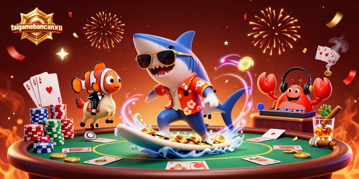 Engage with taigamebancaanxu as a shark celebrates winning at the casino in a vibrant scene.
