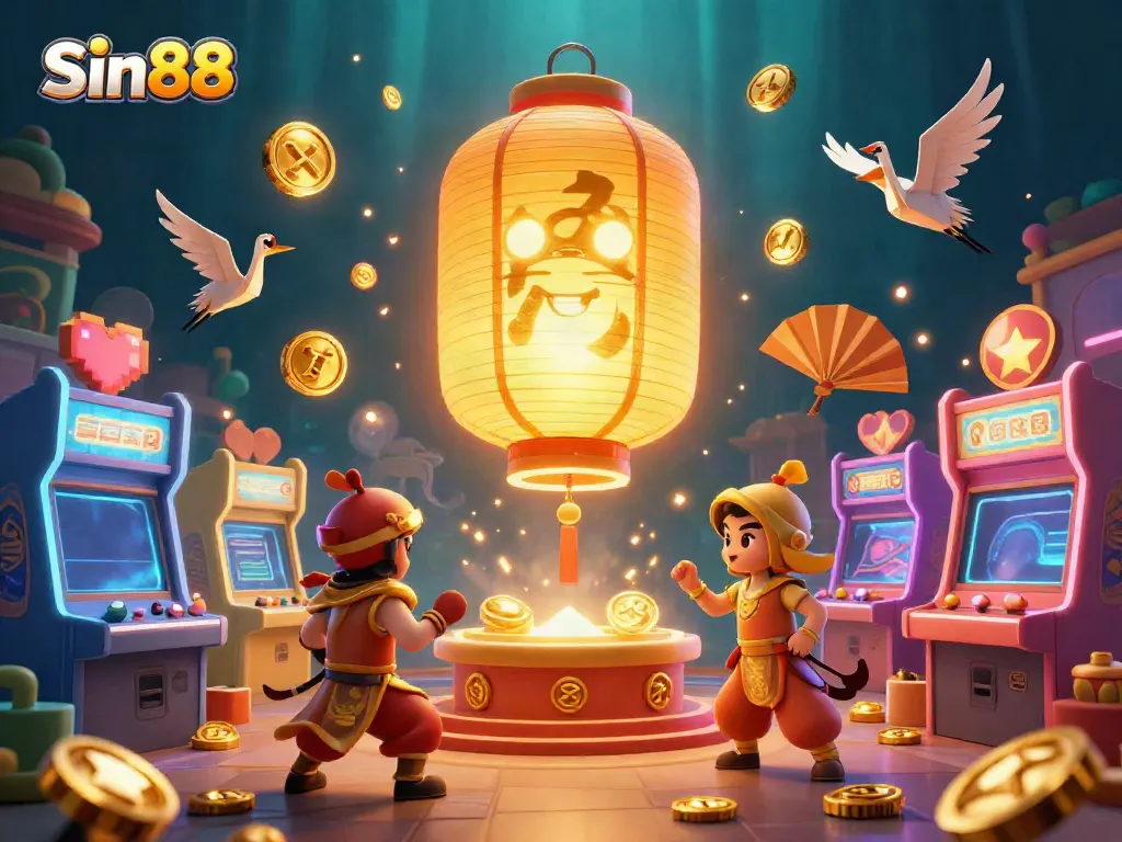 Sparkling casino scene with the Sin88 lantern spirit, arcade games, and golden symbols floating around.