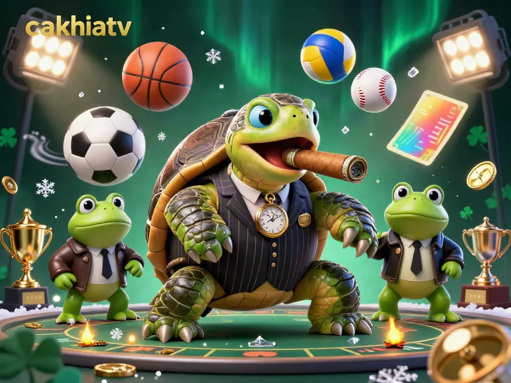 Experience cakhiatv with a lively 3D cartoon scene featuring a snapping turtle and bullfrogs on a vibrant casino floor.