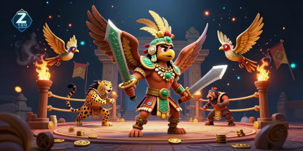 Engage in thrilling casino action with Z 188 as Aztec warriors clash amidst gold coins and dynamic gaming elements.