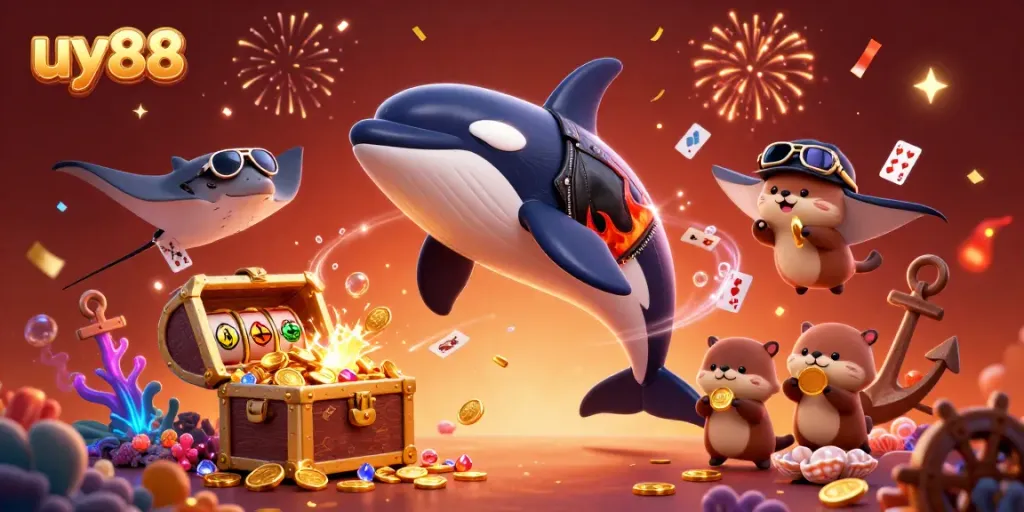 Experience thrilling slots and jackpots with uy88 in this vibrant scene featuring marine characters.