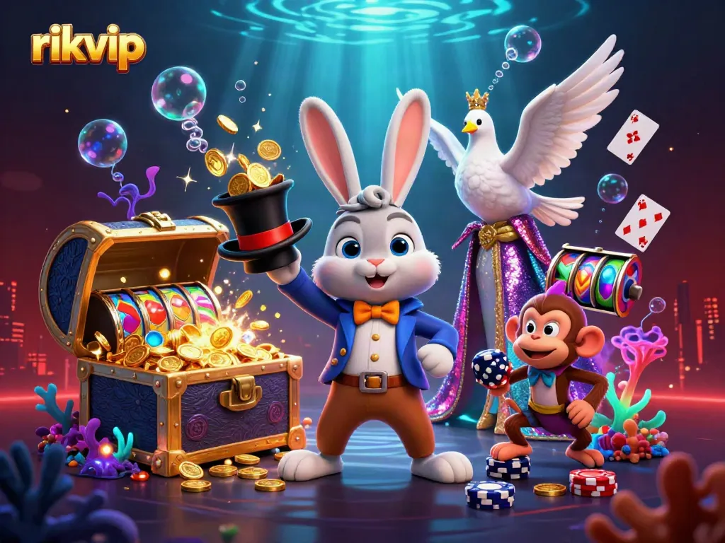 Experience the magic of rikvip with a rabbit magician, dove, and monkey in a vibrant casino setting.