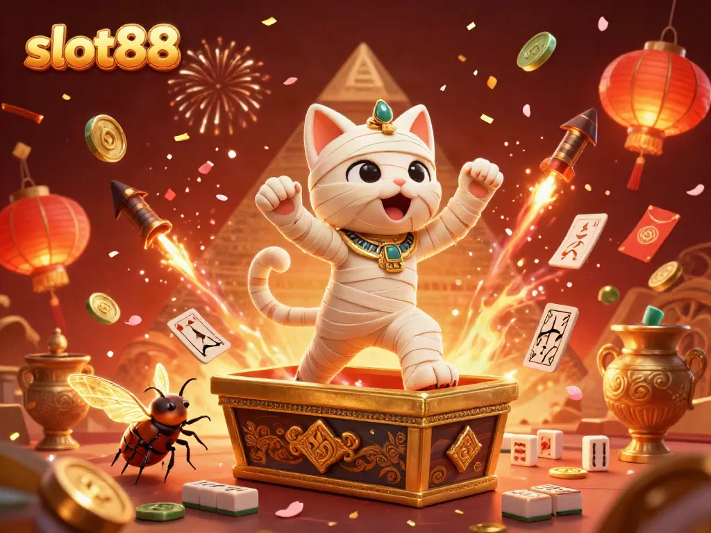 Experience excitement in slot88 with a 3D cartoon mummy cat and scarab beetle in a pyramid casino.