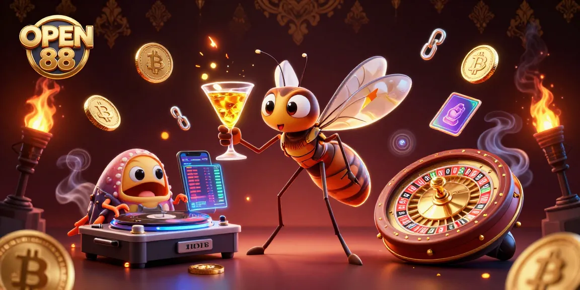 Engage with OPEN 88's vibrant 3D casino scene featuring a frozen mosquito mascot and spinning trilobite DJ.