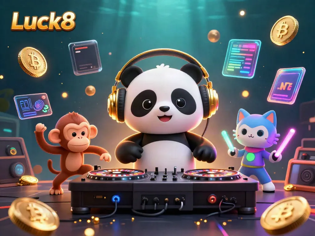 Luck8 features a DJ panda and friends celebrating with vibrant neon gaming elements in a dynamic casino scene.