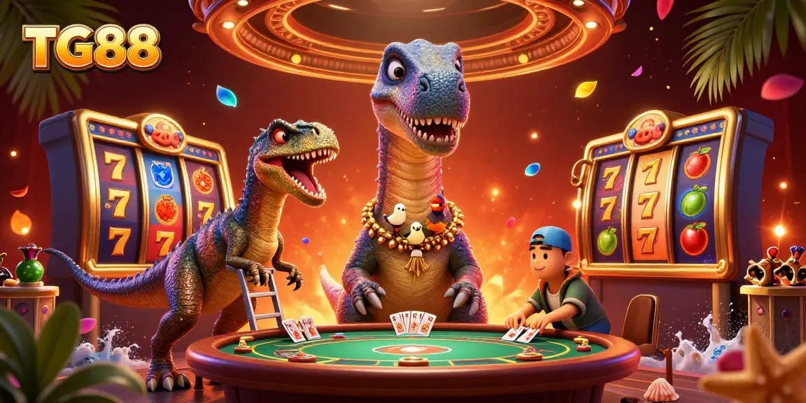 Experience the excitement of TG88 with a whimsical 3D casino scene featuring vibrant gaming elements.