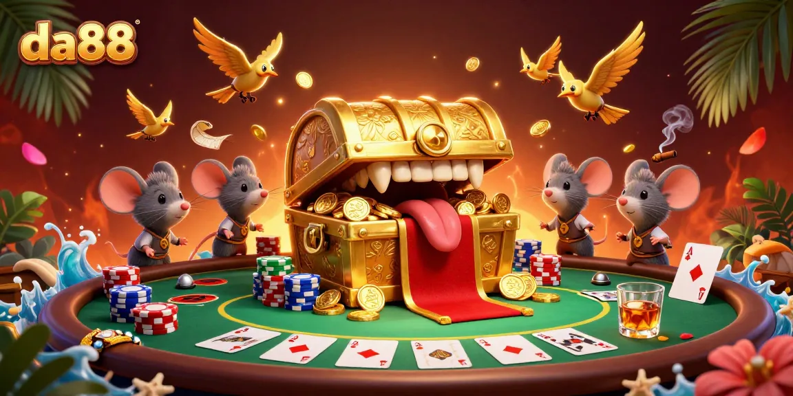 Experience the allure of da88 with an adventure-filled casino illustration featuring treasure and poker