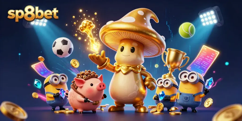 Experience the magic of sp8bet with a vibrant 3D scene of casino elements and whimsical characters.