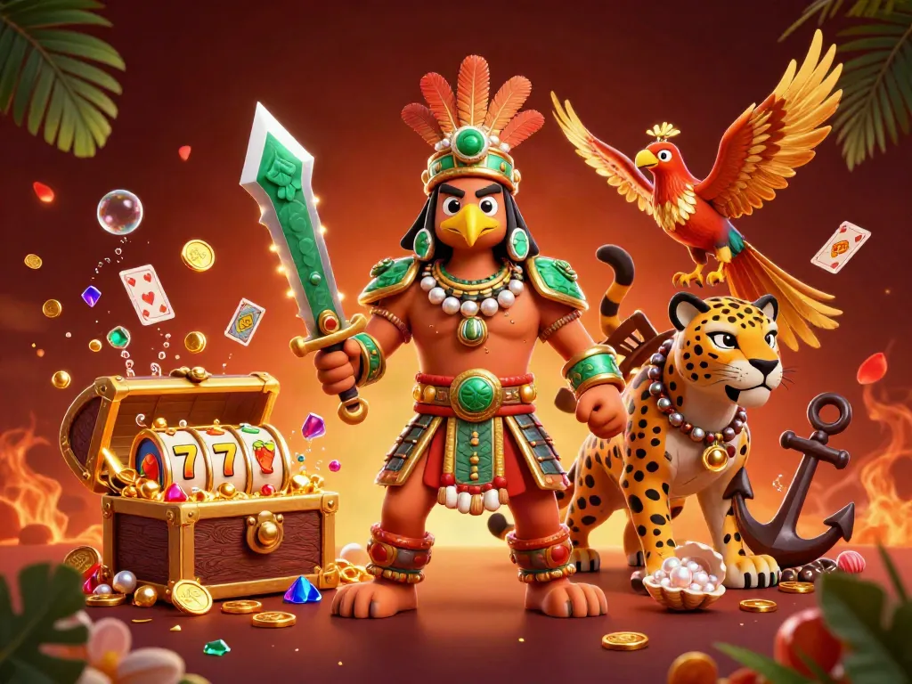 Xoilac engages players with vibrant casino-themed 3D illustration featuring Aztec warriors, treasures, and slot reels.
