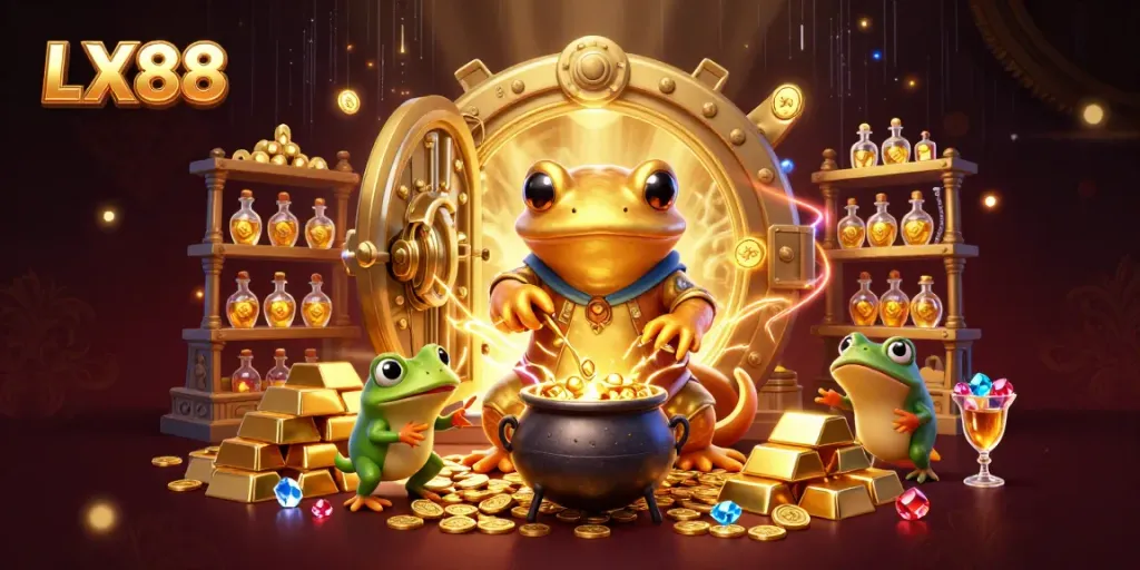 Experience gold mining with LX88 in this vibrant 3D cartoon scene featuring an alchemist and helpers.