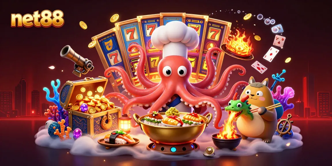 net88 casino graphic with vibrant 3D octopus, dragon, and tanuki in rich gambling scene