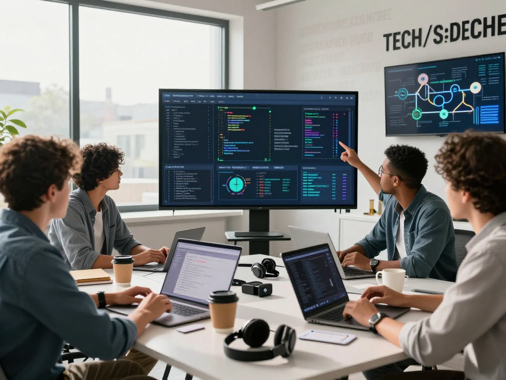 Dynamic tech team collaborating on innovative solutions at net88 workspace with laptops and prototypes.
