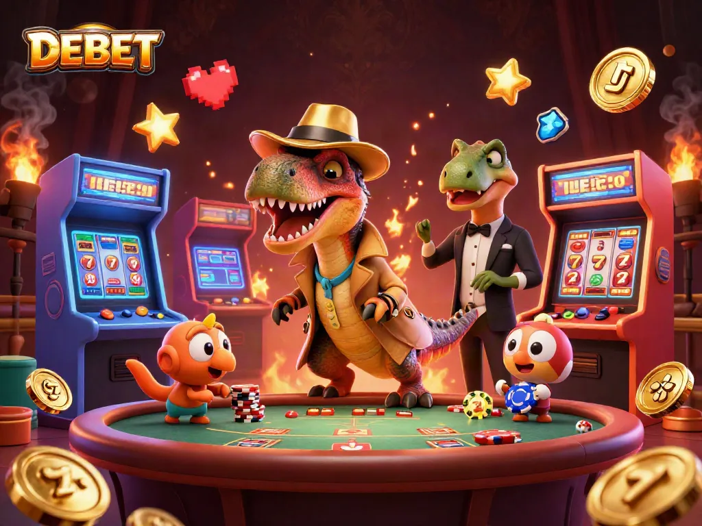 DEBET slots scene with a velociraptor card counter at a blackjack table amid vibrant casino action.