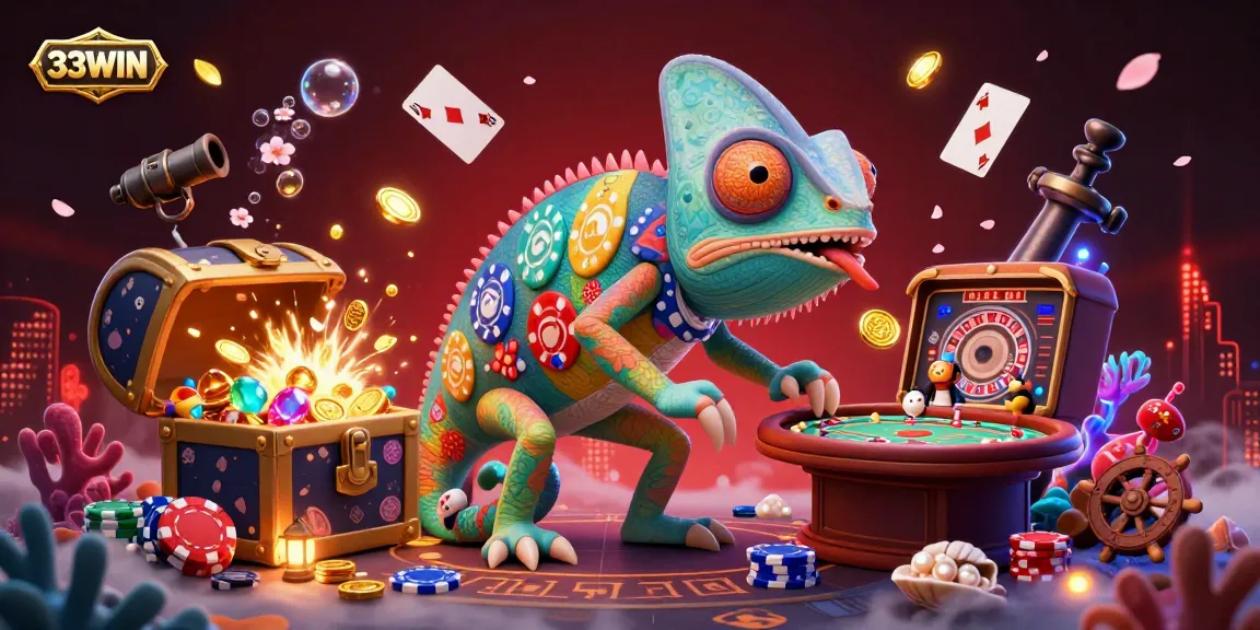 Experience the lively world of 33WIN with the chameleon casino owner amidst underwater treasures and dazzling cards.