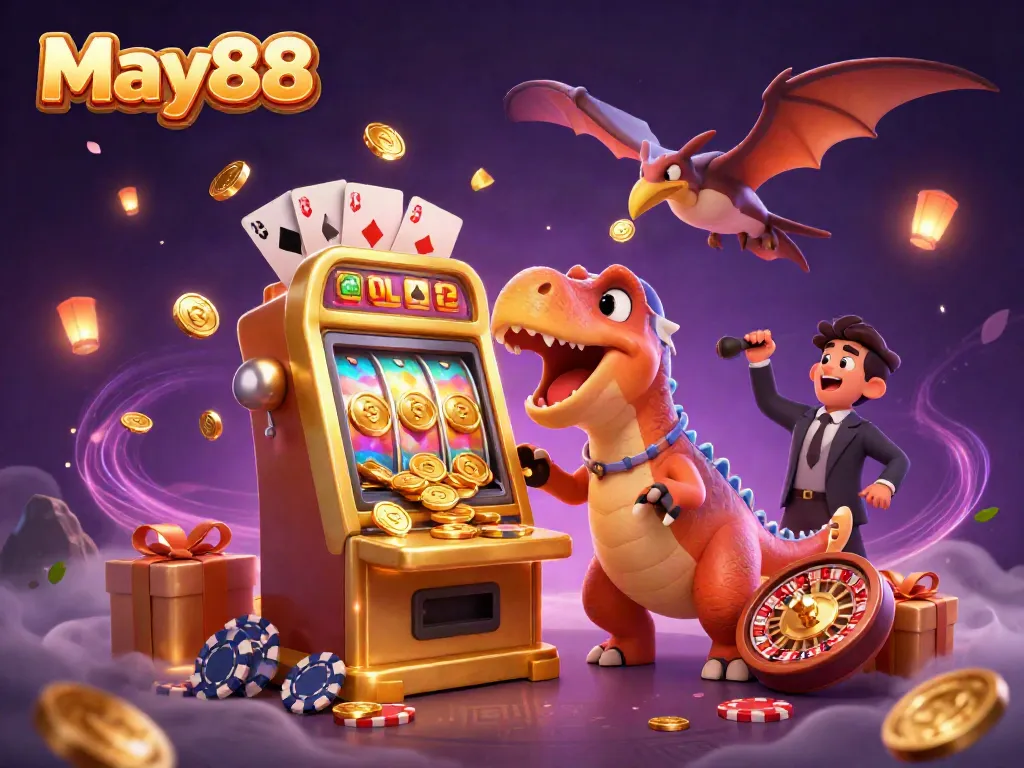 May88 captures excitement with a cartoon dinosaur at a jackpot slot machine amid flying coins and casino action.