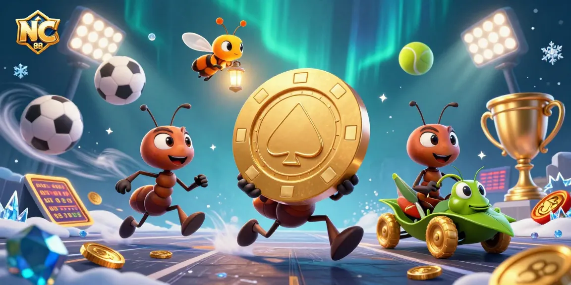 NC88 showcases a 3D heist scene with ants and sports symbols, emphasizing thrilling casino adventures.
