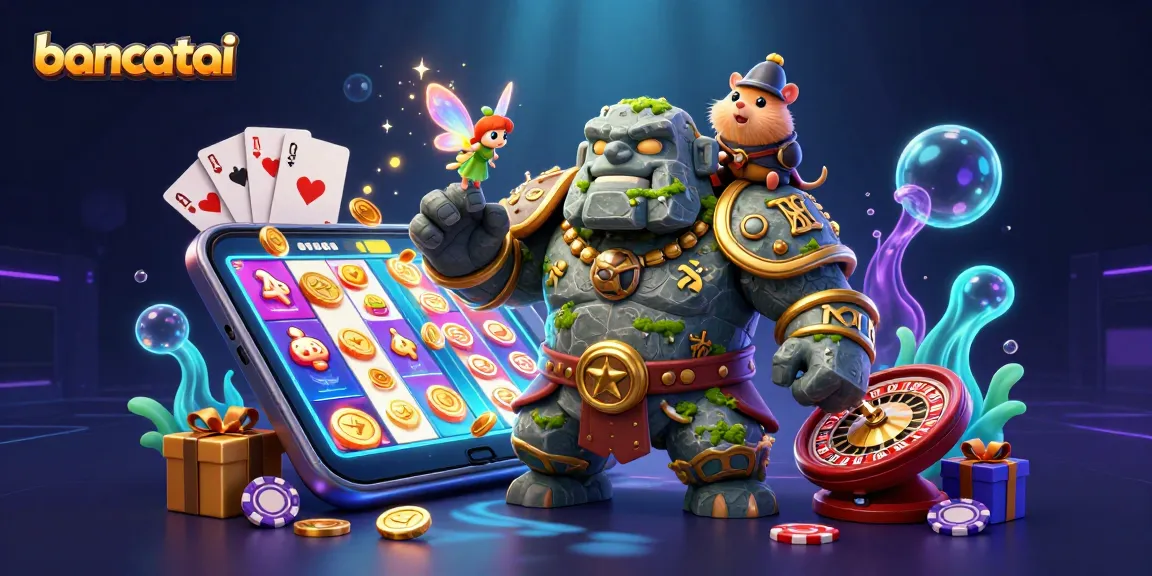 bancatai captivates players with a lively scene of a golem guardian, fairy magic, and hamster knight amidst dynamic casino games.