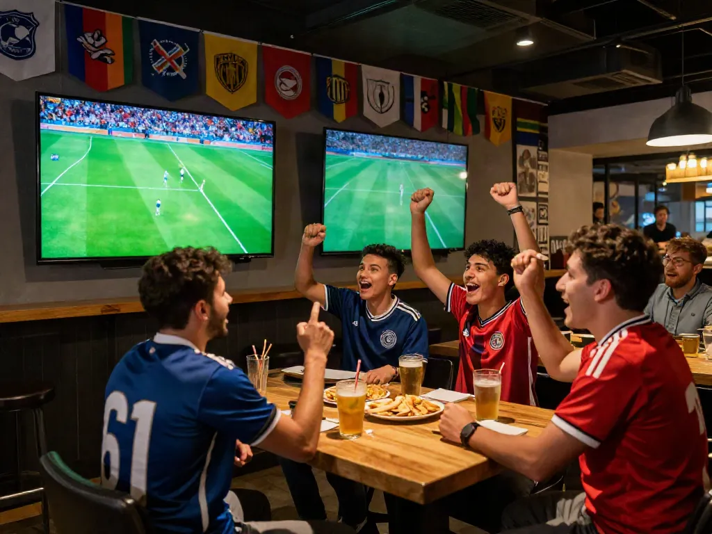 Excited friends enjoying a live football match at Socolive.