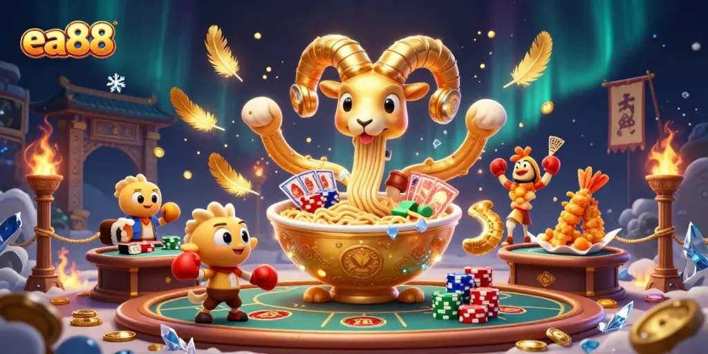 ea88 gaming illustration with a giant ramen bowl character, poker elements, and dynamic casino ambiance