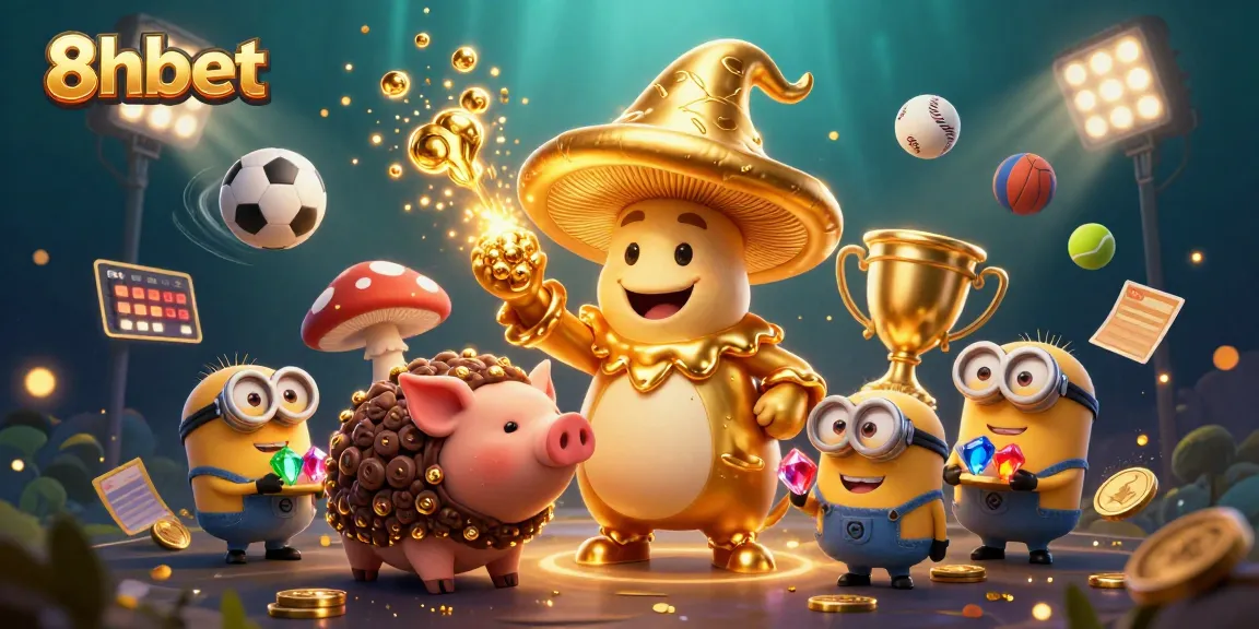 Experience the exciting world of 8xbet with a magical wizard and treasure-hunting pig in a vibrant casino scene.