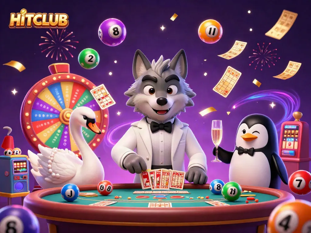 Experience gaming excitement at HITCLUB with dynamic 3D characters, lottery balls, and festive effects.