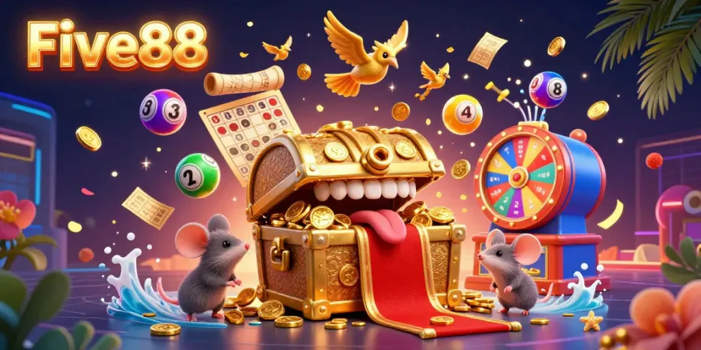 Experience the excitement of Five88 with a gold treasure chest and dynamic lottery elements in an enchanting casino illustration.