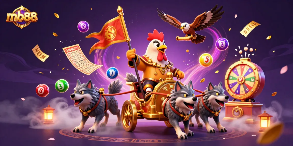Experience the thrill of mb88 with a vibrant digital casino illustration showcasing dynamic lottery elements and a whimsical warlord.