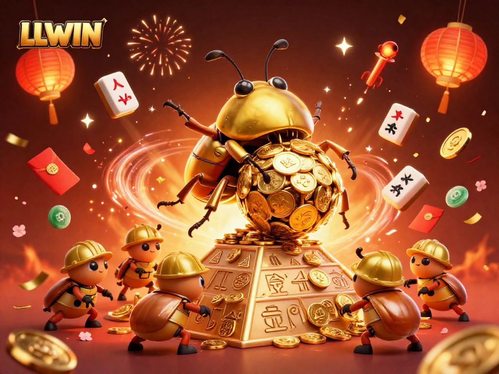 Experience LLWIN in a vibrant casino world with golden beetles and exciting game elements.