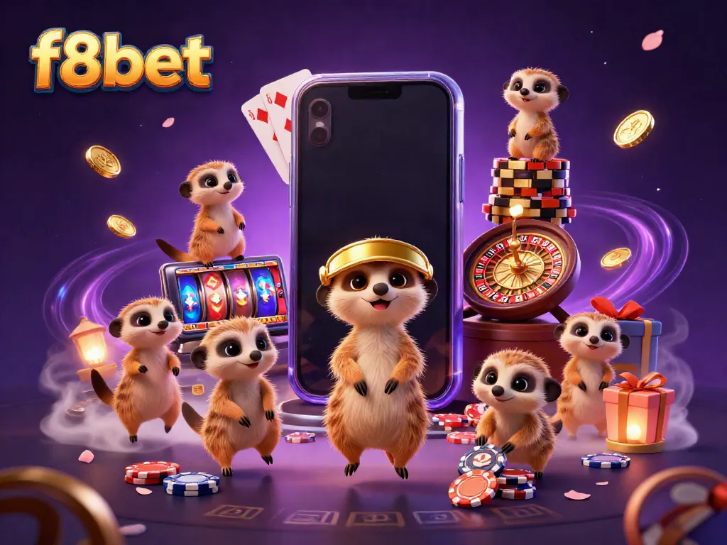 Experience the thrill of f8bet with meerkats managing a vibrant casino filled with slot games and chips.