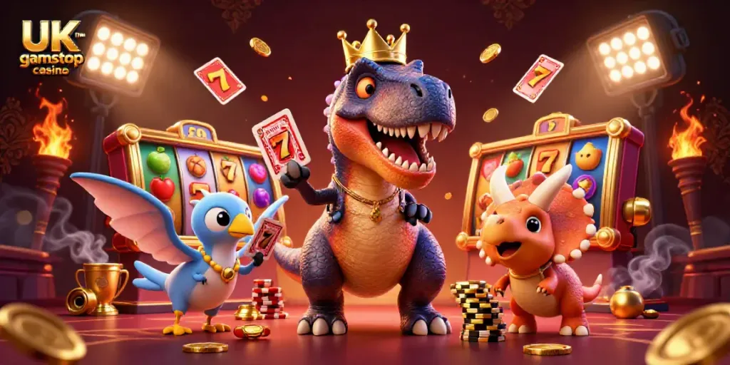 Experience the thrill at a UK non gamstop casino with a T-Rex shuffling cards and a triceratops stacking chips.
