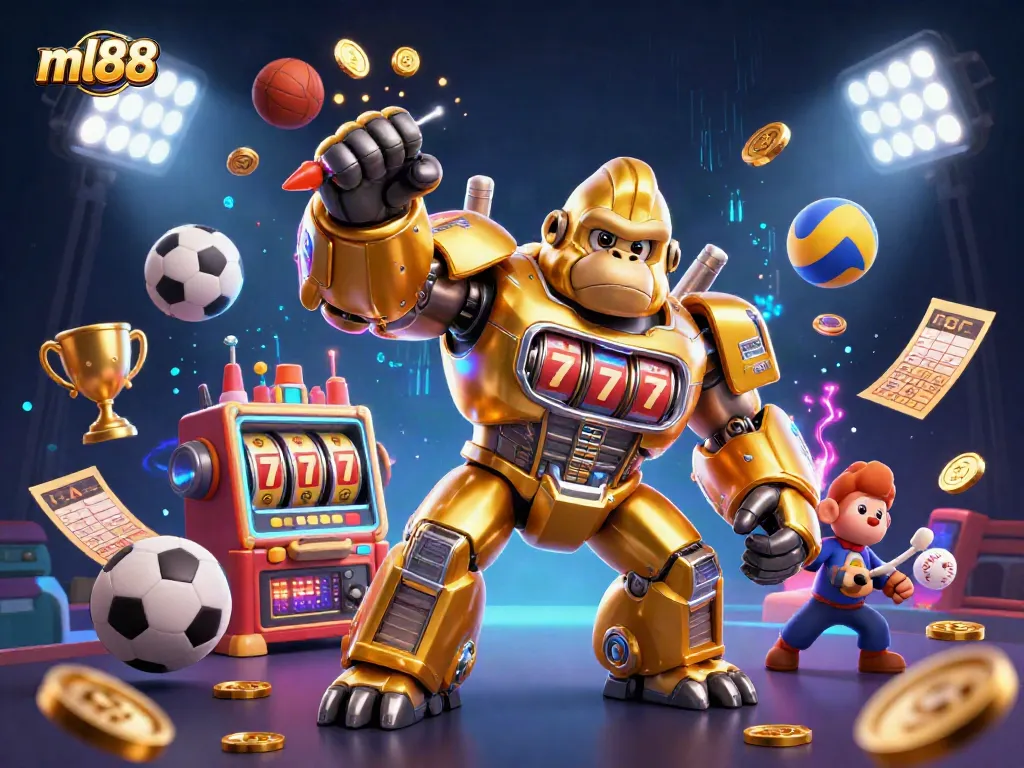Experience thrilling gameplay at ml88 with a dynamic scene of a golden gorilla mech amidst vibrant casino elements.