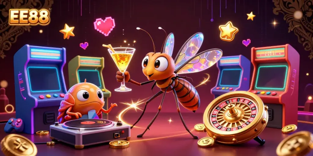 EE88 showcases an animated scene featuring a vibrant casino atmosphere with unique characters and gaming elements.