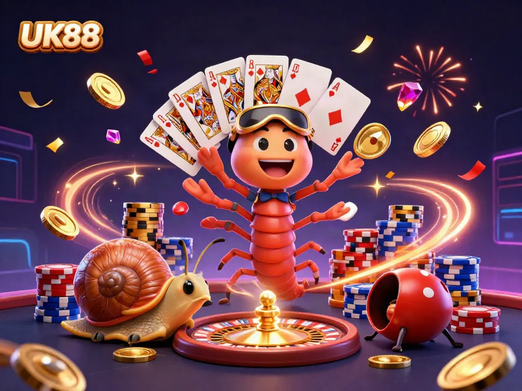 Experience the thrill of UK88's casino with a vibrant 3D scene featuring playful characters and engaging game elements.