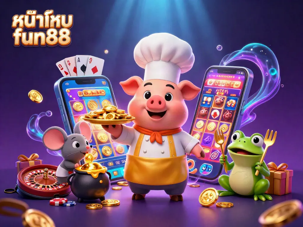 Engage with interactive 3D casino fun at หน้าแรก fun88, featuring gourmet gold coin servings and vibrant slot games.