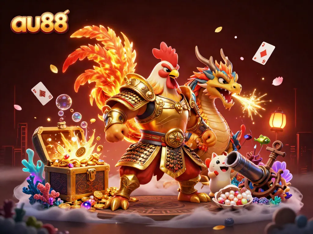 Experience the excitement of au88 with dynamic characters and vibrant casino elements in a stunning 3D illustration.
