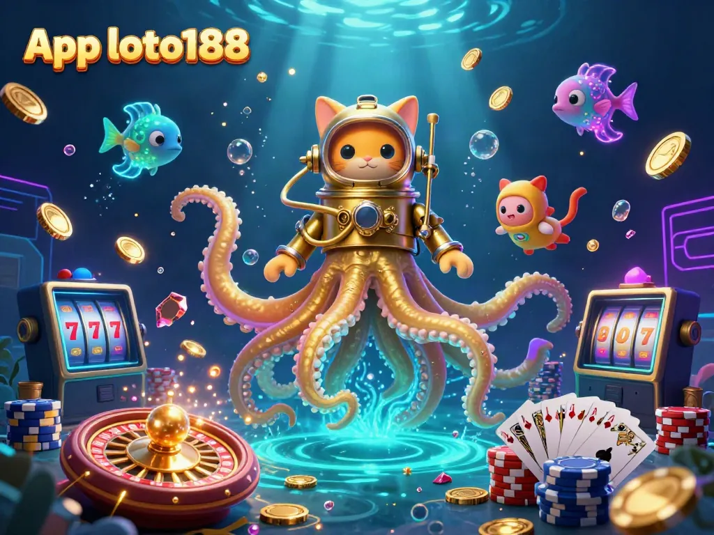 Experience the thrill of App loto188 with this vibrant underwater casino scene featuring dynamic characters and rich gambling elements.
