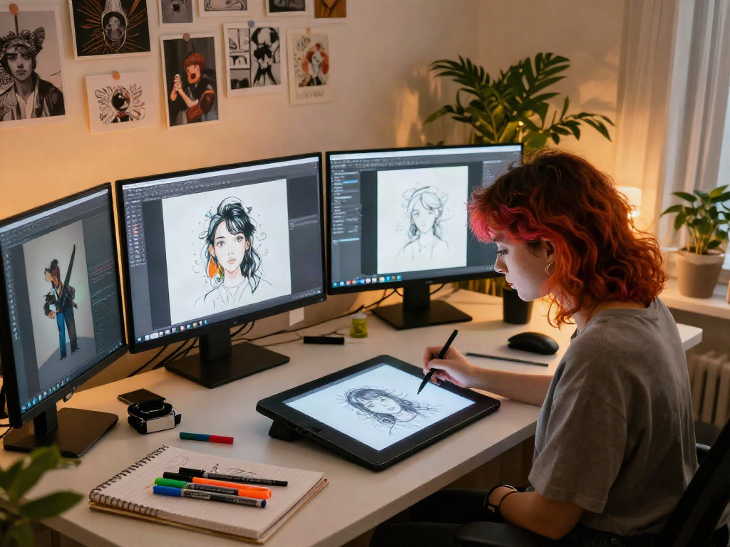 Artist creating NSFW digital art using advanced AI tools in a modern studio