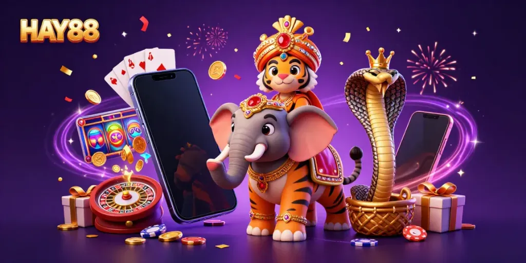 Experience thrilling gameplay with HAY88 in this vibrant 3D casino scene featuring animated characters and exciting game visuals.