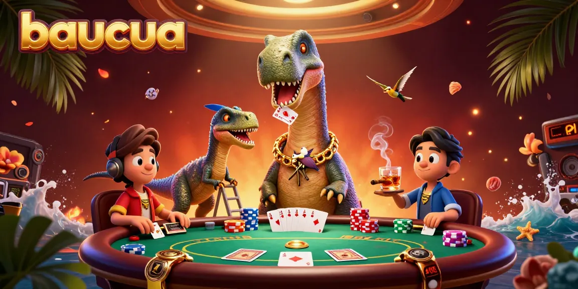 Engage with baucua at an imaginative online casino scene featuring a clever raptor and vibrant poker setup.