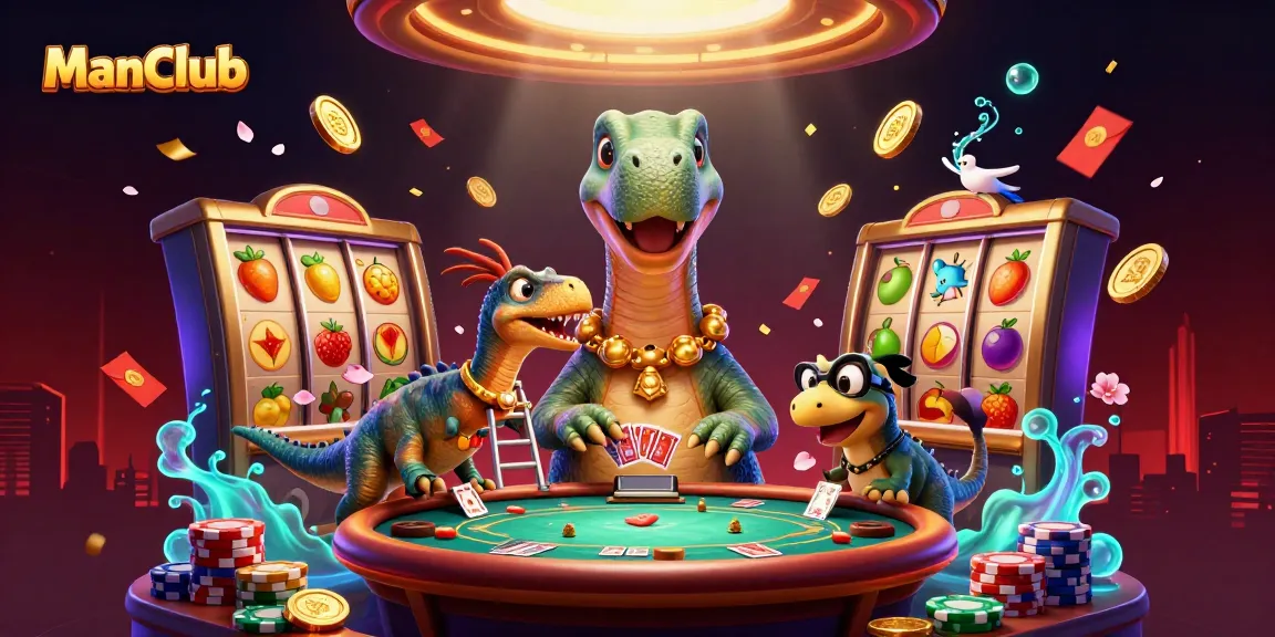 ManClub showcases exciting slot reels with a brontosaurus dealer interacting, vibrant casino atmosphere.