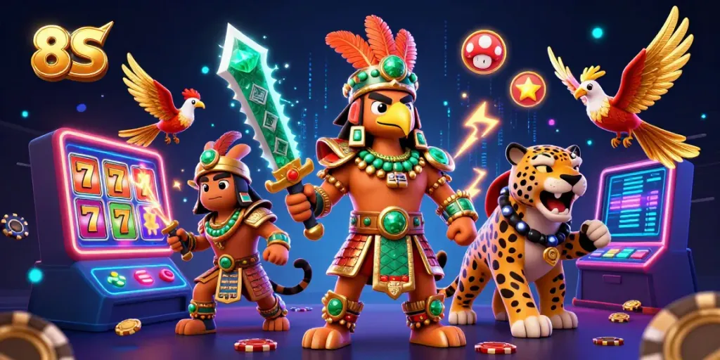 Engage with vibrant slot games and thrilling action in the 8S casino scene featuring Aztec warriors.