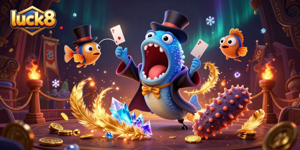 Luck8 presents a vibrant gambling scene with cartoon characters creating a magical card experience.