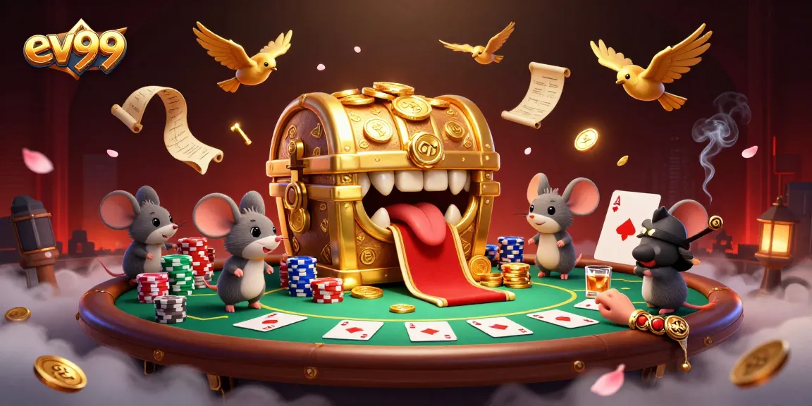 ev99 players engaging with a vibrant poker scene featuring treasure and game elements