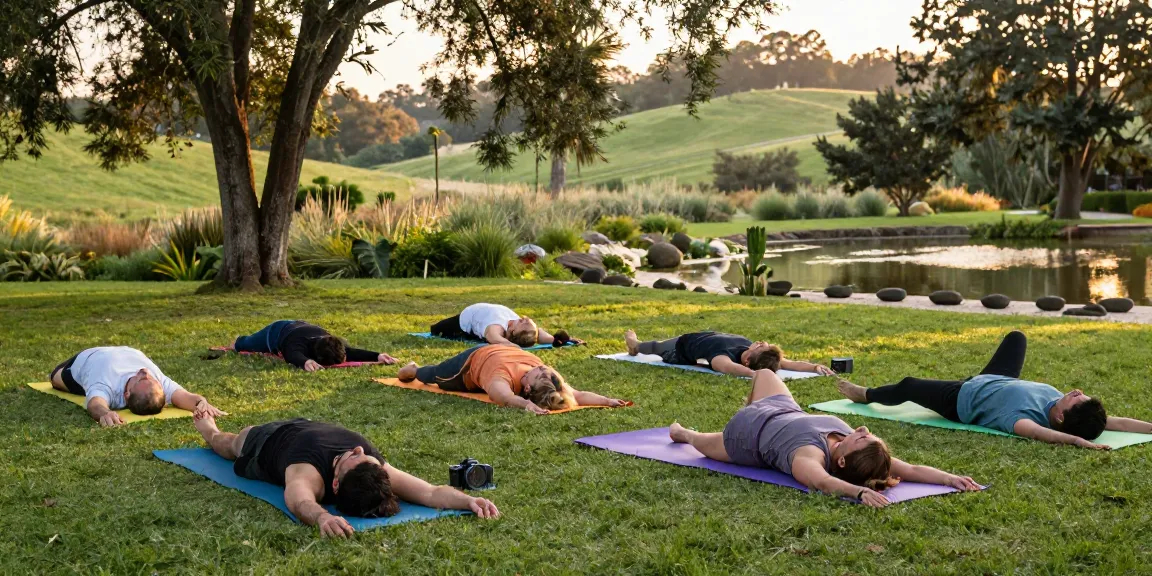 Yoga participants in nature practicing techniques to ridurre lo stress, surrounded by greenery and calming water.