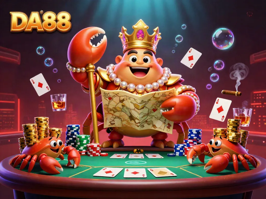 Win big at DA88 with the golden crab emperor directing a high-stakes poker game.