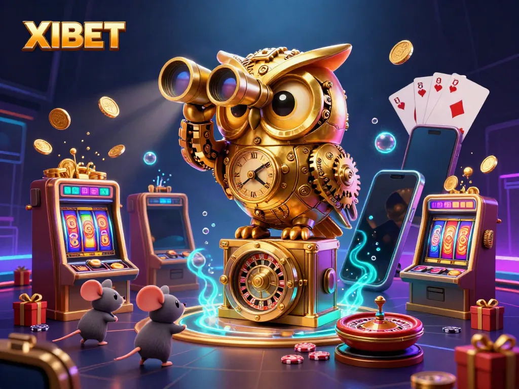 Experience thrilling gaming at XIBET with a dynamic 3D illustration of an enchanting casino landscape.